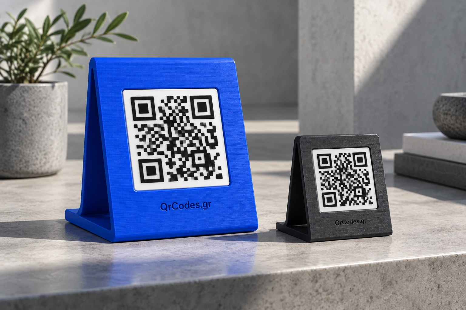Ενδεικτική σύνθεση επιτραπέζιων QR σε μπλε και ανθρακί
